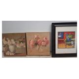 Three Framed Floral And Cat Artwork Pieces