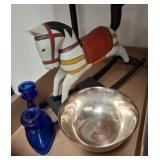 Rocking Horse, Blue Glass Holder, and Metal Bowl