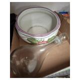 Ceramic Bowl with Cherry Motif and Glass Decanter