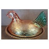 Carnival Glass Hen-on-Nest Covered Dish