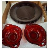 Ruby Red Glass Plates and Double-Handled Bowls