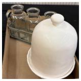Glass Bottles in Carrier and Ceramic Cloche Set