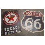 Two Metal Signs: Texaco and Route 66 Designs