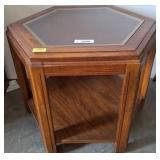Hexagonal Wood and Glass-Top Side Table