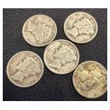 Five Mercury Dimes, U.S. Minted