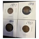 Four Indian Head Cents, 1897, 1898, 1899, and 1907