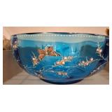 Blue Glass Bowl with Floral and Butterfly Design
