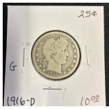 1916-D Barber Quarter Coin in Paper Holder