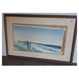 Framed Watercolor of Fishermen on the Shore w6