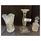 Crystal Vase, Candlestick, and Cut Glass Decanter