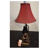 Table Lamp with Scholar Figurine and Red Shade