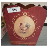 Wooden Scalloped Bin with Rooster Motif