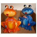 Two Painted Ceramic Frog Figurine Banks