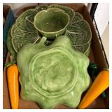 Green Majolica Style Leaf Dish Set With Veggies