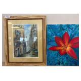 Framed Canal Scene Print and Floral Oil Painting