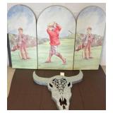 Golf-Themed Triptych and Metal Skull Wall Decor