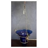 Hanging Blue Glass Vessel With Metal Frame