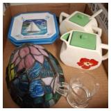 Lot: Ceramic Teapots, Stained Glass Shade