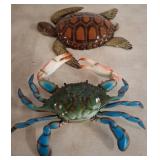 Painted Metal Crab and Turtle Sculptures