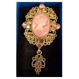 Gold-Tone Brooch with Pink Cameo and Rhinestones
