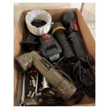 Box Lot of Tools, Flashlights, and Accessories