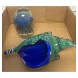 Glass Paperweight and Decorative Shell Dish