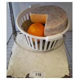 White Basket with Artificial Fruits and Tin Wall A