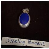 Sterling Silver Oval Pendant with Blue Inlay