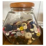 Glass Jar of Assorted Buttons and Bag of Seashells