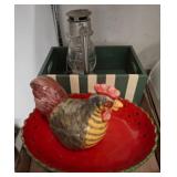 Ceramic Chicken, Red Dish, Lantern, and Wood Tray