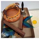Lot: Basket, Bell, Stained Glass, Wood Pieces