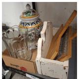 Ceramic Jar, Glass Pitcher, and Wooden Items
