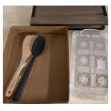 Wood Tray, Glass Dish, and Cooking Utensils