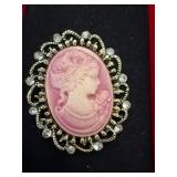 Gold-Tone Cameo Brooch With Rhinestone Accents