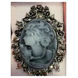 Silvertone Cameo Brooch with Ornate Frame