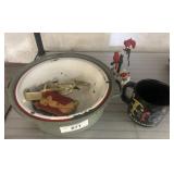Green Enamel Pot with Collectibles and Mug