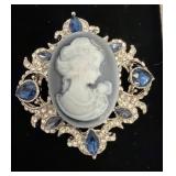 Cameo Brooch with Rhinestones and Blue Accents