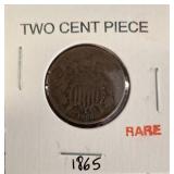 1865 Two-Cent Piece in Cardboard Holder