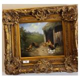 Framed Oil Painting of Chickens in Barnyard