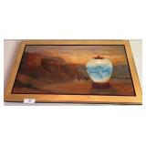 Framed Painting of Landscape and Vase Motif 34x20