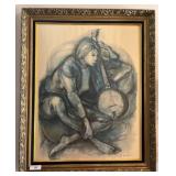 Framed Sketch of Seated Woman with Instrument