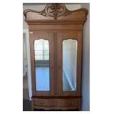 Oak Armoire with Mirrored Doors and Carved Crest