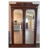 Carved Wood Armoire with Mirrored Doors