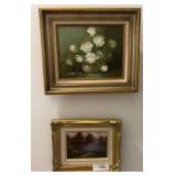 Two Framed Oil Paintings, Floral and Landscape Sce