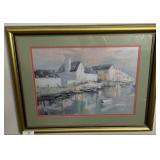 Framed Harbor Scene Print With Gold Frame