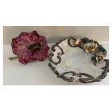 Italian Ceramic Dish and Glass Flower Sculpture
