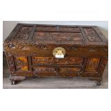 Carved Wooden Chest with Floral and Scenic Detaili