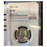 1964 25C Washington Quarter AU 58 NGC Slabbed