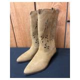 Tan Suede-Inspired Boots With Cutout Floral Design