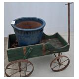 Wood and Metal Wagon with Ceramic Planter